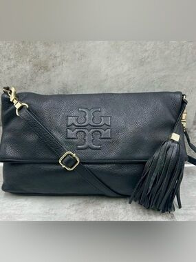 Tory Burch Black Pebbled Leather Fold-Over Shoulder Bag with Tassel (Dust Bag)